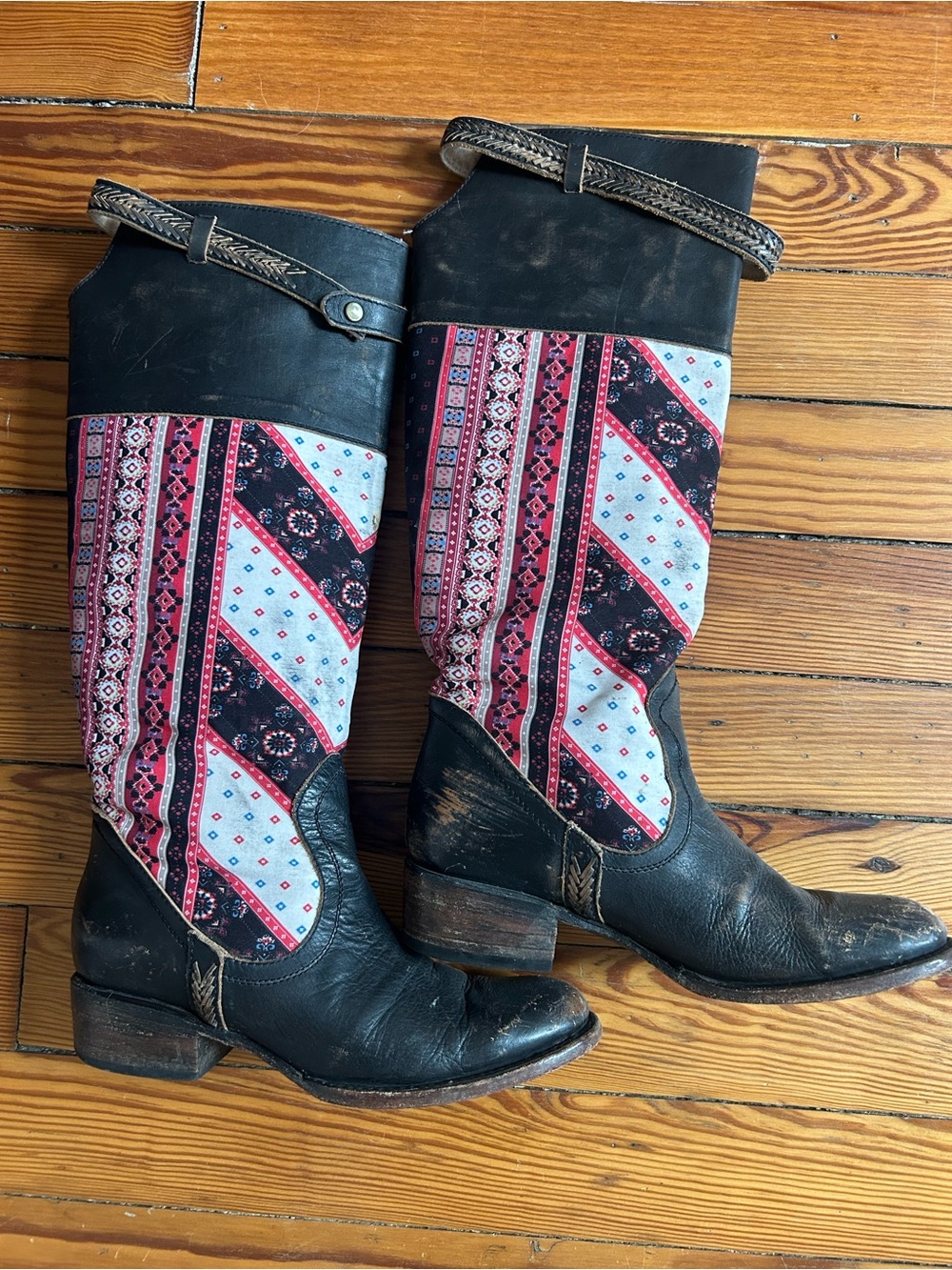 Freebird Boho Embroidered Black, white and red Knee high Boots - unique find!!